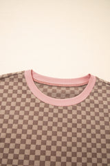 Brown Checkerboard Long Sleeve Pullover and Shorts Set Short Sets JT's Designer Fashion