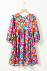 Sky Blue Floral Print Tie Split Neck Bubble Sleeve Babydoll Dress Floral Dresses JT's Designer Fashion