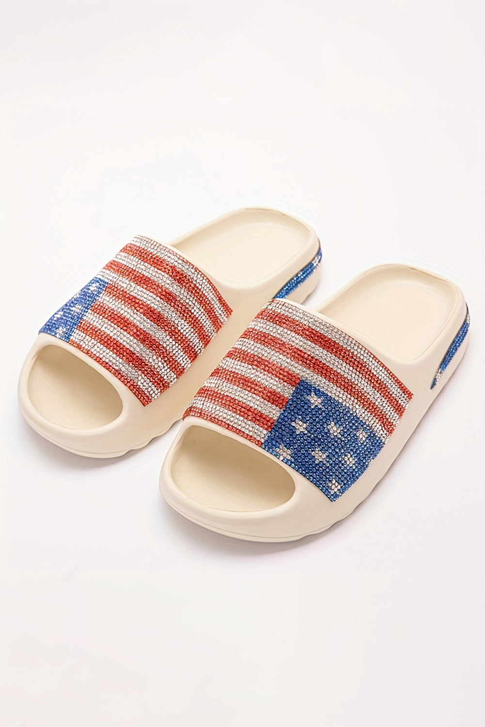 White Rhinestone American Flag Thick Sole Slippers Slippers JT's Designer Fashion