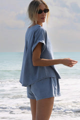 Light Blue Short Relaxed Denim Two-piece Set Bottoms JT's Designer Fashion