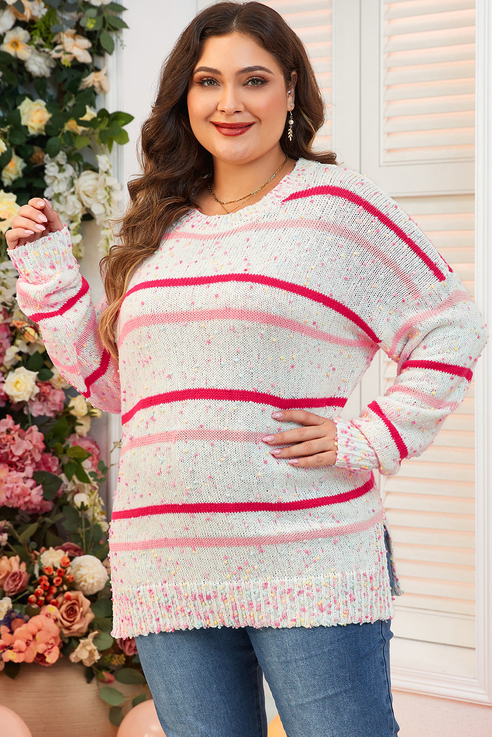 Pink Stripe Drop Shoulder Side Split Plus Size Sweater Plus Size Sweaters & Cardigans JT's Designer Fashion