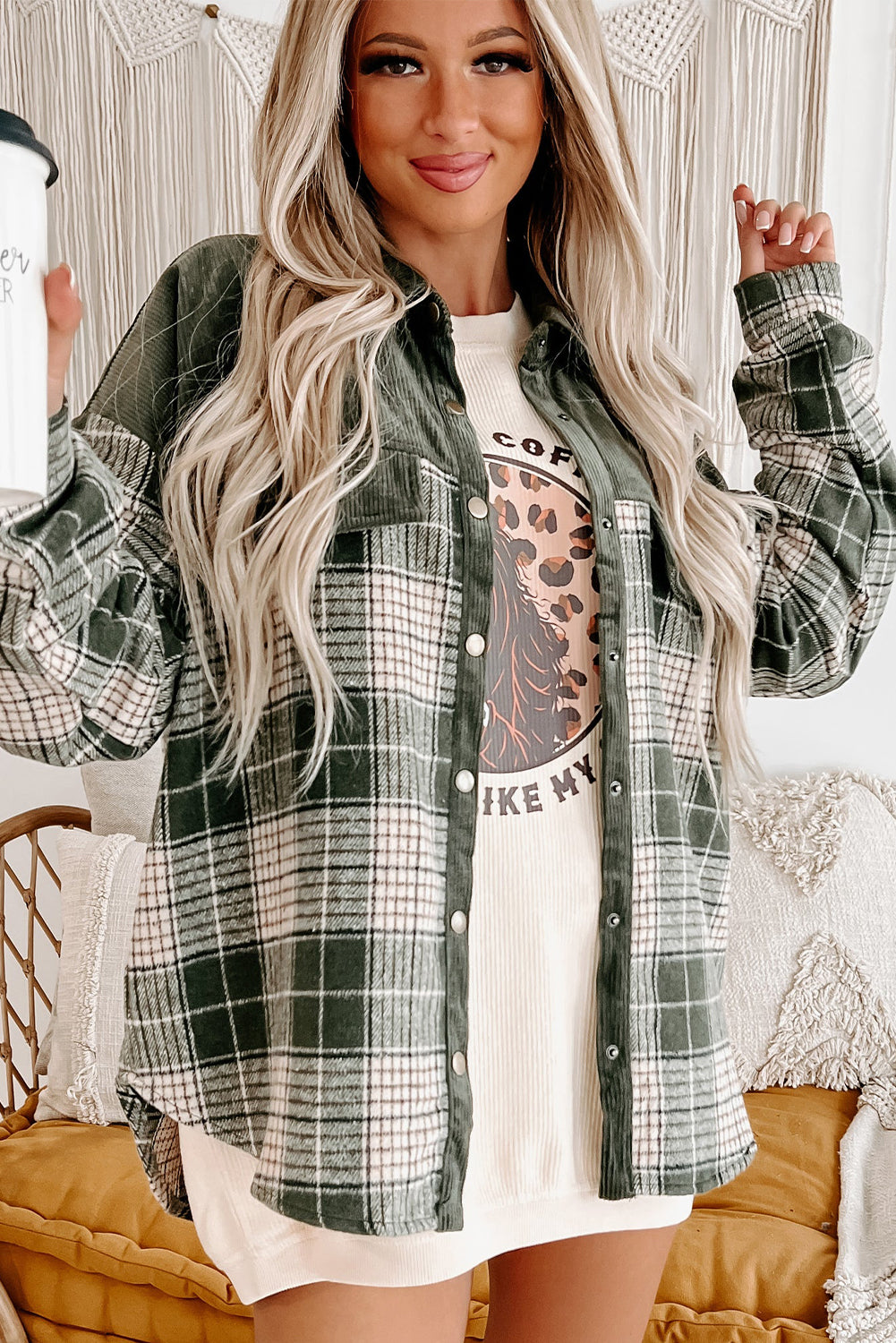 Blackish Green Snap Buttons Colorblock Plaid Shacket Plaid Shackets JT's Designer Fashion