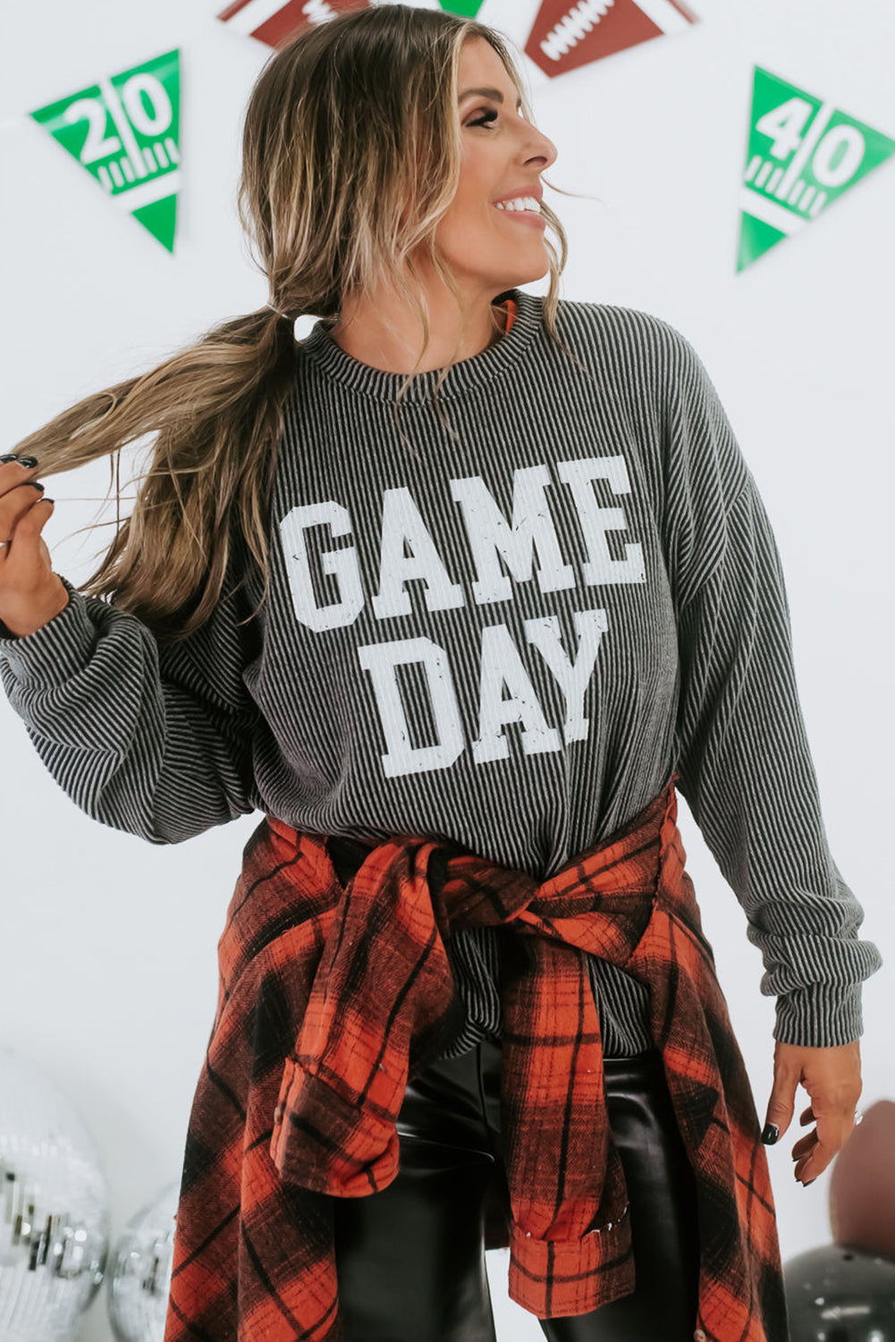 Dark Grey Corded GAME DAY Graphic Long Sleeve Crewneck Top Long Sleeve Tops JT's Designer Fashion