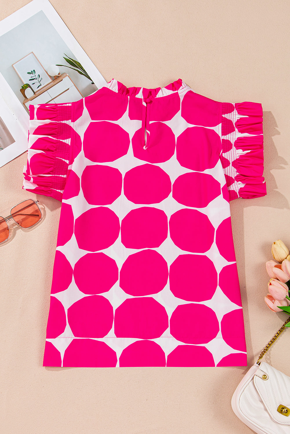 Rose Bubblegum Pattern Frilled Collar Flutter Sleeve Top Blouses & Shirts JT's Designer Fashion