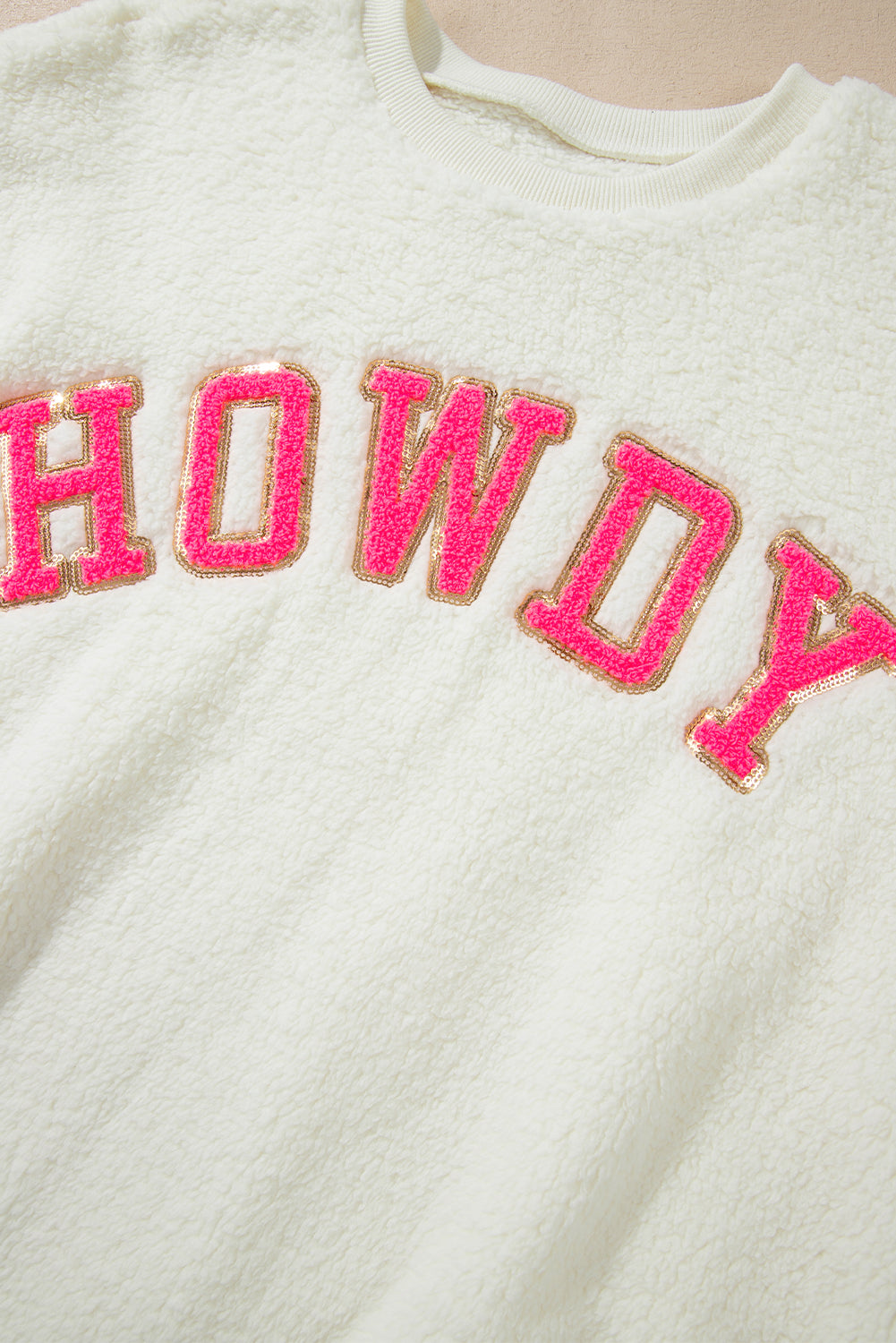 Beige Sherpa HOWDY Patched Pullover Sweatshirt Sweatshirts & Hoodies JT's Designer Fashion