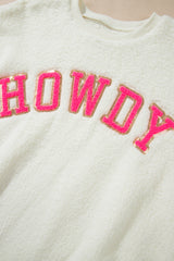 Beige Sherpa HOWDY Patched Pullover Sweatshirt Sweatshirts & Hoodies JT's Designer Fashion
