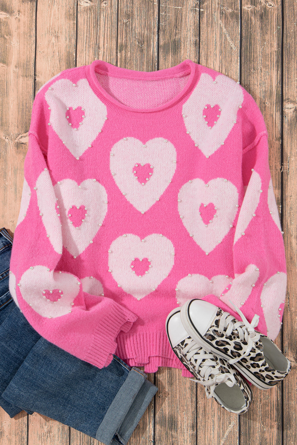 Bonbon Pearl Beaded Heart Drop Shoulder Sweater Sweaters JT's Designer Fashion
