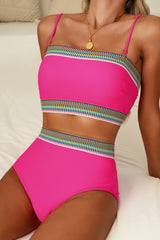 Rose Red Contrast Banding Tube Bikini High Waist 2pcs Swimsuit High Waisted Swimsuit JT's Designer Fashion