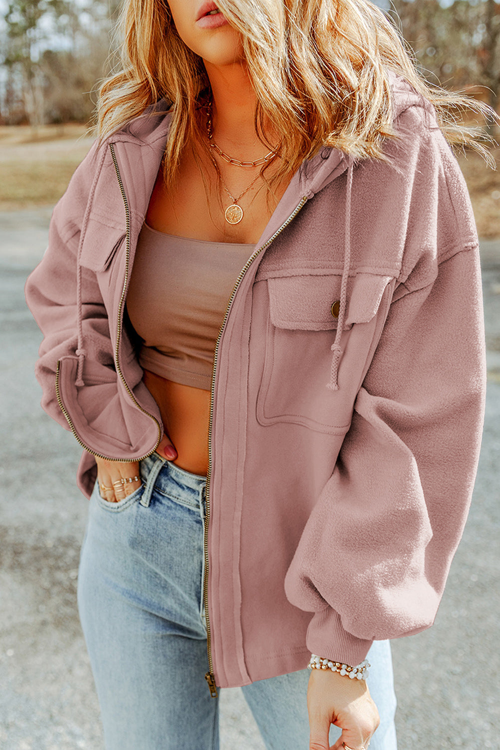 Pink Flap Pocket Drawstring Hood Zip Up Jacket Jackets JT's Designer Fashion