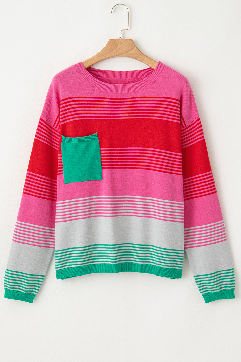Rose Striped Knit Patch Pocket Drop Shoulder Sweater Sweaters JT's Designer Fashion