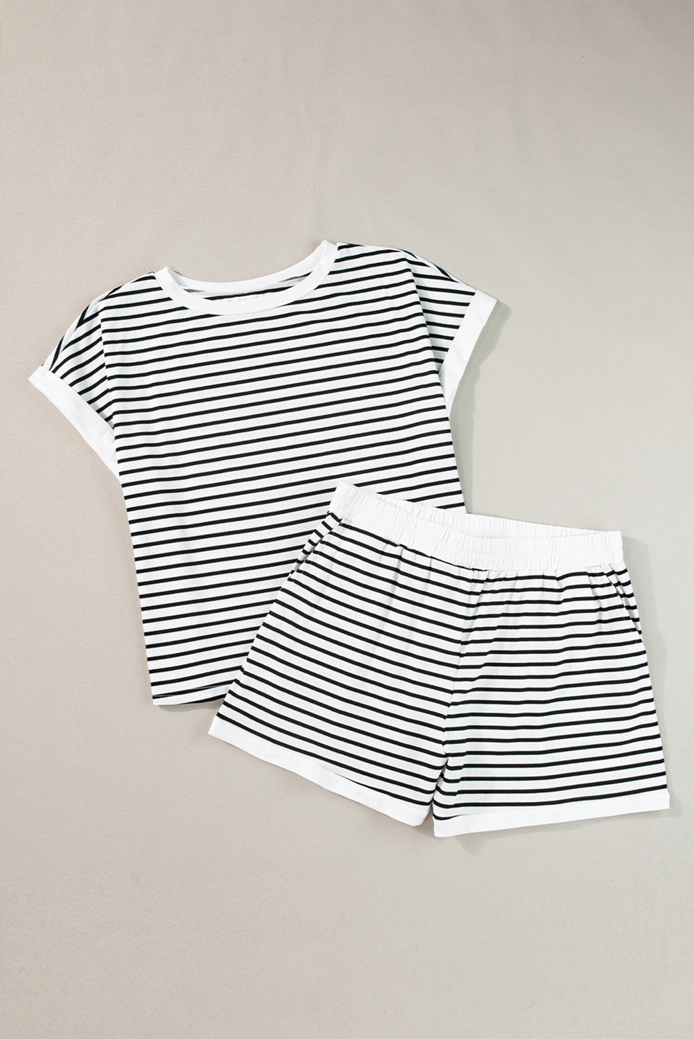 White Stripe Contrast Edge Tee and Shorts Set Short Sets JT's Designer Fashion