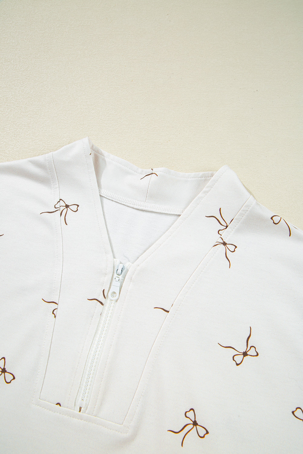 Beige Bow Print Half Zip Tank and Shorts 2pcs Set Short Sets JT's Designer Fashion