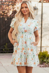 Beige Floral Print Shirred High Waist Puff Sleeve Mini Dress Beige 100%Cotton Floral Dresses JT's Designer Fashion