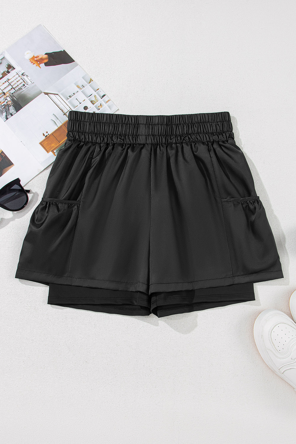 Black Elastic High Waist Pocketed Casual Shorts Casual Shorts JT's Designer Fashion