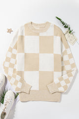 Flaxen Checkered Print Drop Shoulder Sweater Sweaters JT's Designer Fashion