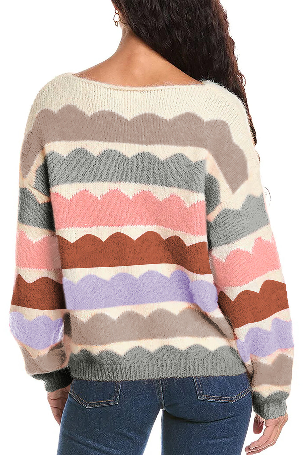 Gray Wave Striped Balloon Sleeve Drop Shoulder Sweater Sweaters JT's Designer Fashion