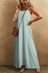 Green Stripe Shirred Frilled High Waist Sleeveless Loose Fit Long Dress Maxi Dresses JT's Designer Fashion
