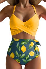 Yellow Crossed Straps Twisted Tropical Print Knot Side High Waist Bottom 2pcs Swimsuit Yellow 82%Polyamide+18%Elastane High Waisted Swimsuit JT's Designer Fashion