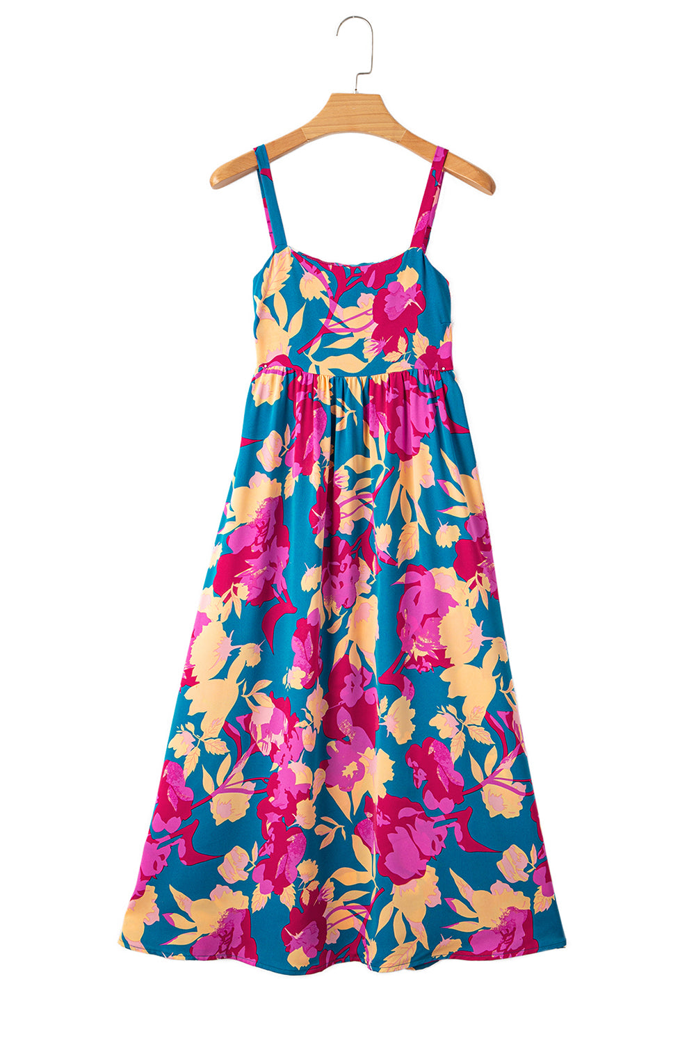 Dark Blue Floral High Waist Sleeveless Flared Long Dress Floral Dresses JT's Designer Fashion