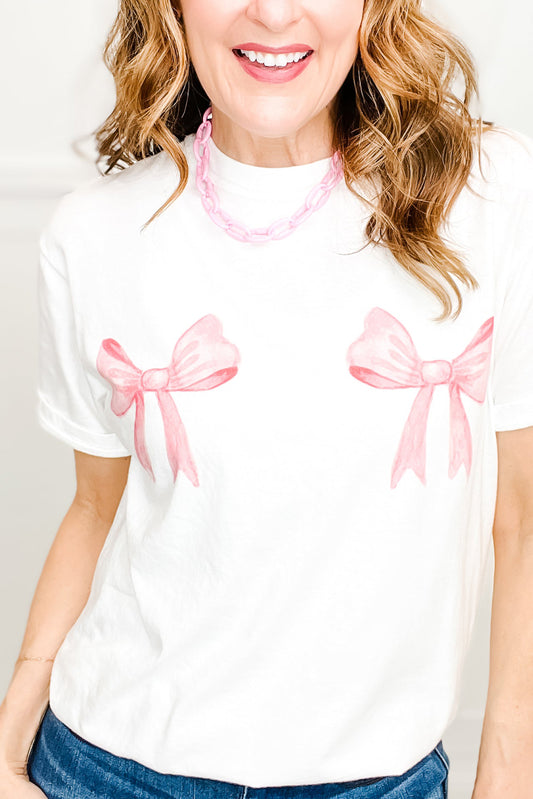 White Sweet Bow Knot Print O Neck Casual T Shirt Graphic Tees JT's Designer Fashion