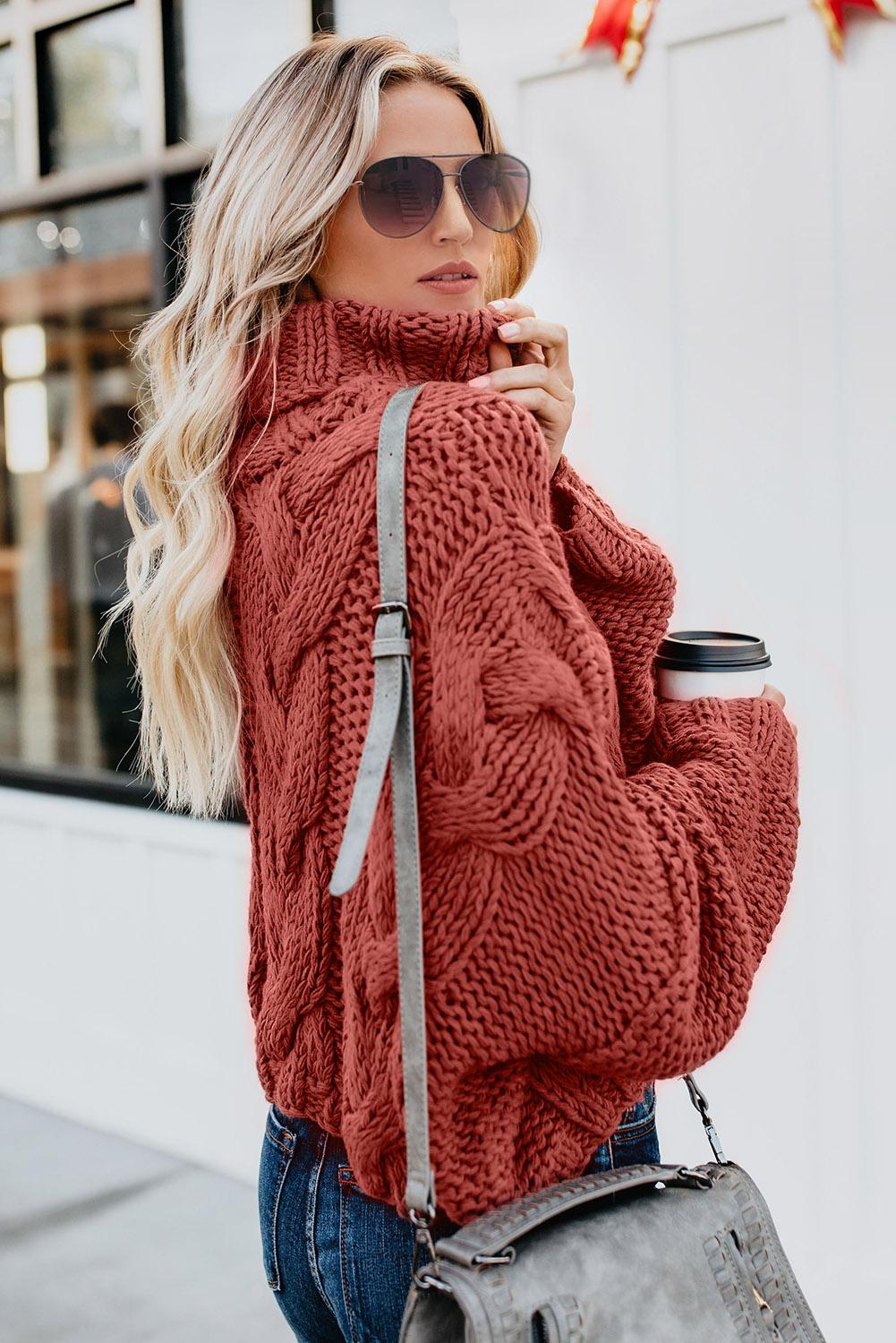 Fiery Red Cuddle Weather Cable Knit Handmade Turtleneck Sweater Sweaters JT's Designer Fashion