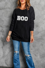 Black Chenille BOO Patched Pattern Crewneck Halloween Sweatshirt Graphic Sweatshirts JT's Designer Fashion