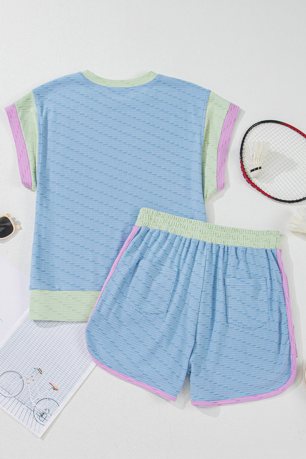 Beau Blue Corded Knit Contrast Trim Round Neck Cap Sleeve 2pcs Short Set Short Sets JT's Designer Fashion