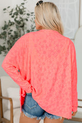 Apricot Pink Oversized Floral Jacquard V Neck Long Sleeve Top Long Sleeve Tops JT's Designer Fashion