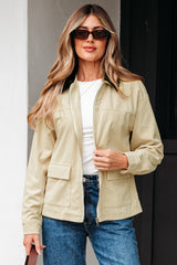 Parchment Contrast Leather Collar Textured Zip Up Jacket Parchment 100%Polyester Jackets JT's Designer Fashion