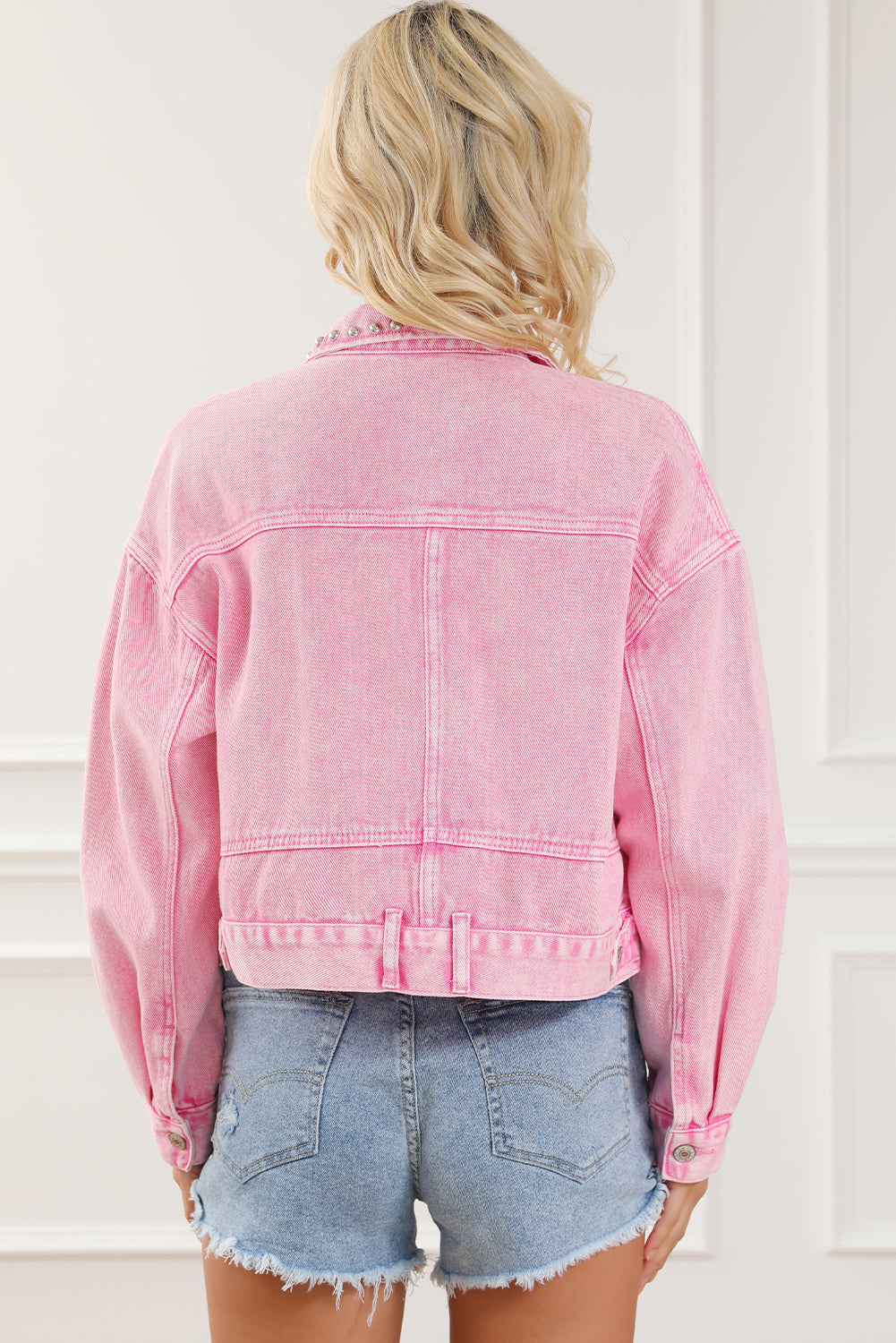 Pink Rivet Studded Pocketed Denim Jacket Denim Jackets JT's Designer Fashion