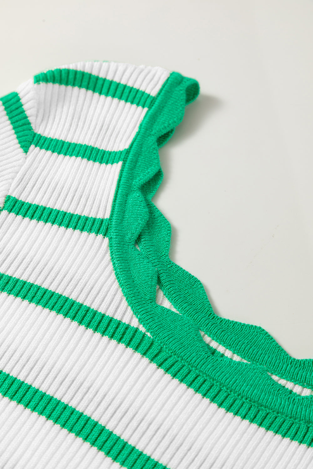 Bright Green Scalloped Trim U Neck Striped Ribbed Slim Sweater Sweaters JT's Designer Fashion