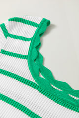Bright Green Scalloped Trim U Neck Striped Ribbed Slim Sweater Sweaters JT's Designer Fashion