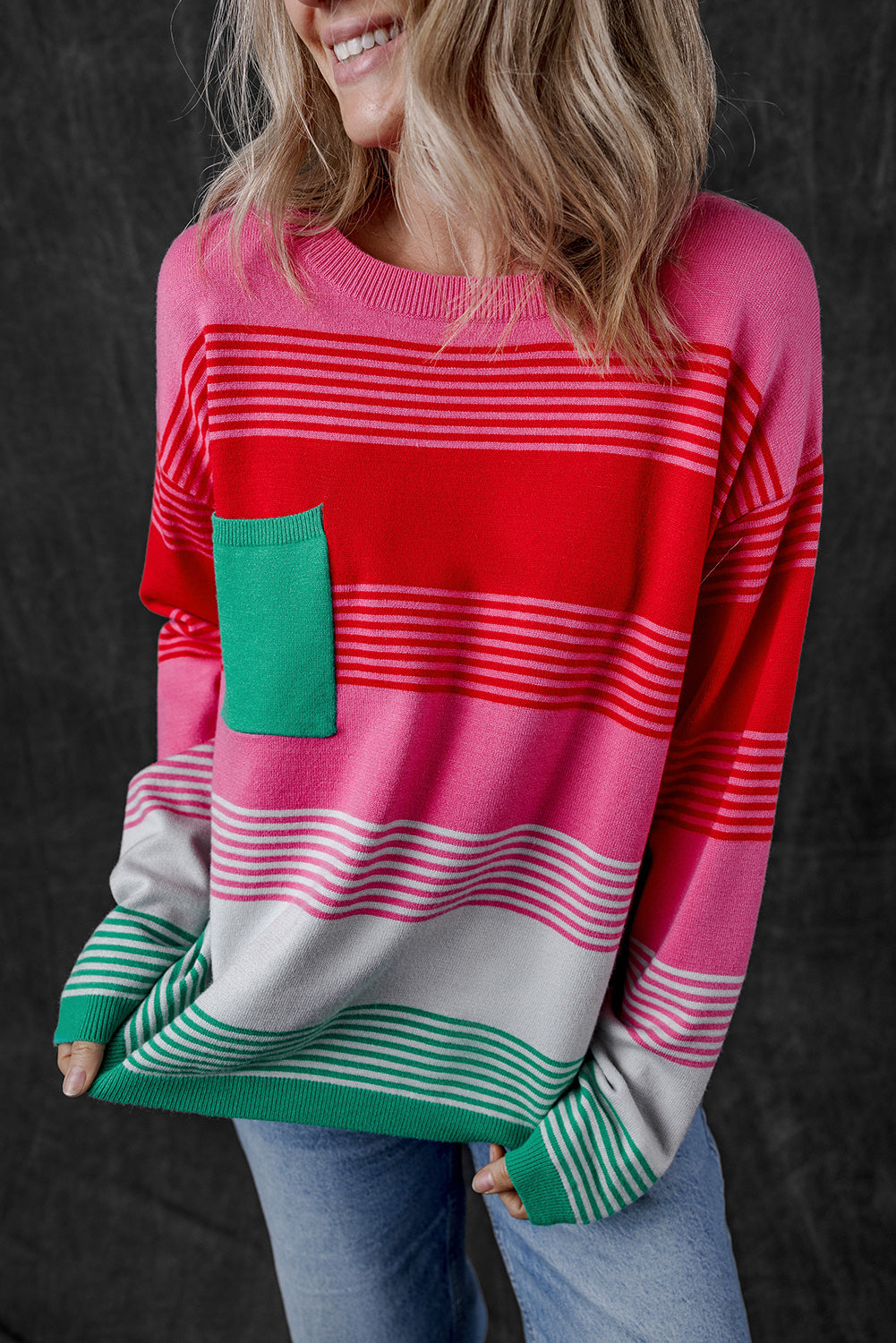Rose Striped Knit Patch Pocket Drop Shoulder Sweater Sweaters JT's Designer Fashion