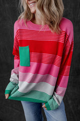 Rose Striped Knit Patch Pocket Drop Shoulder Sweater Sweaters JT's Designer Fashion