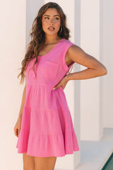 Bright Pink Waffle Textured Button Round Neck A-line Tiered Sleeveless Dress Mini Dresses JT's Designer Fashion
