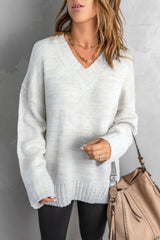 White V neck Drop Shoulder Knitted Sweater Sweaters & Cardigans JT's Designer Fashion