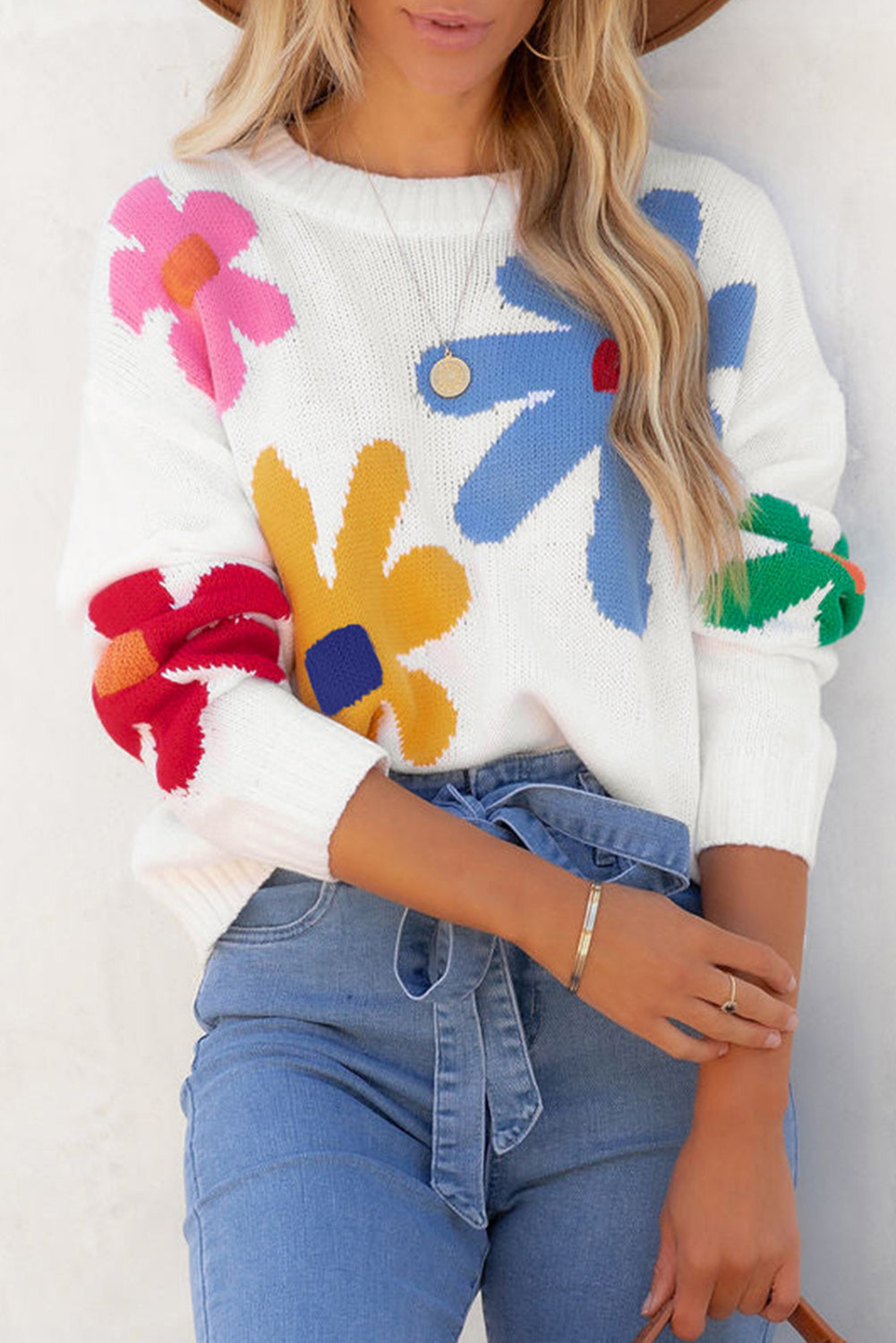 White Colorful Big Flower Pattern Crewneck Sweater Sweaters JT's Designer Fashion