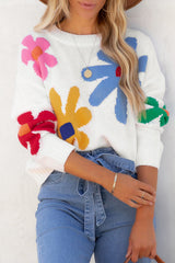White Colorful Big Flower Pattern Crewneck Sweater Sweaters JT's Designer Fashion