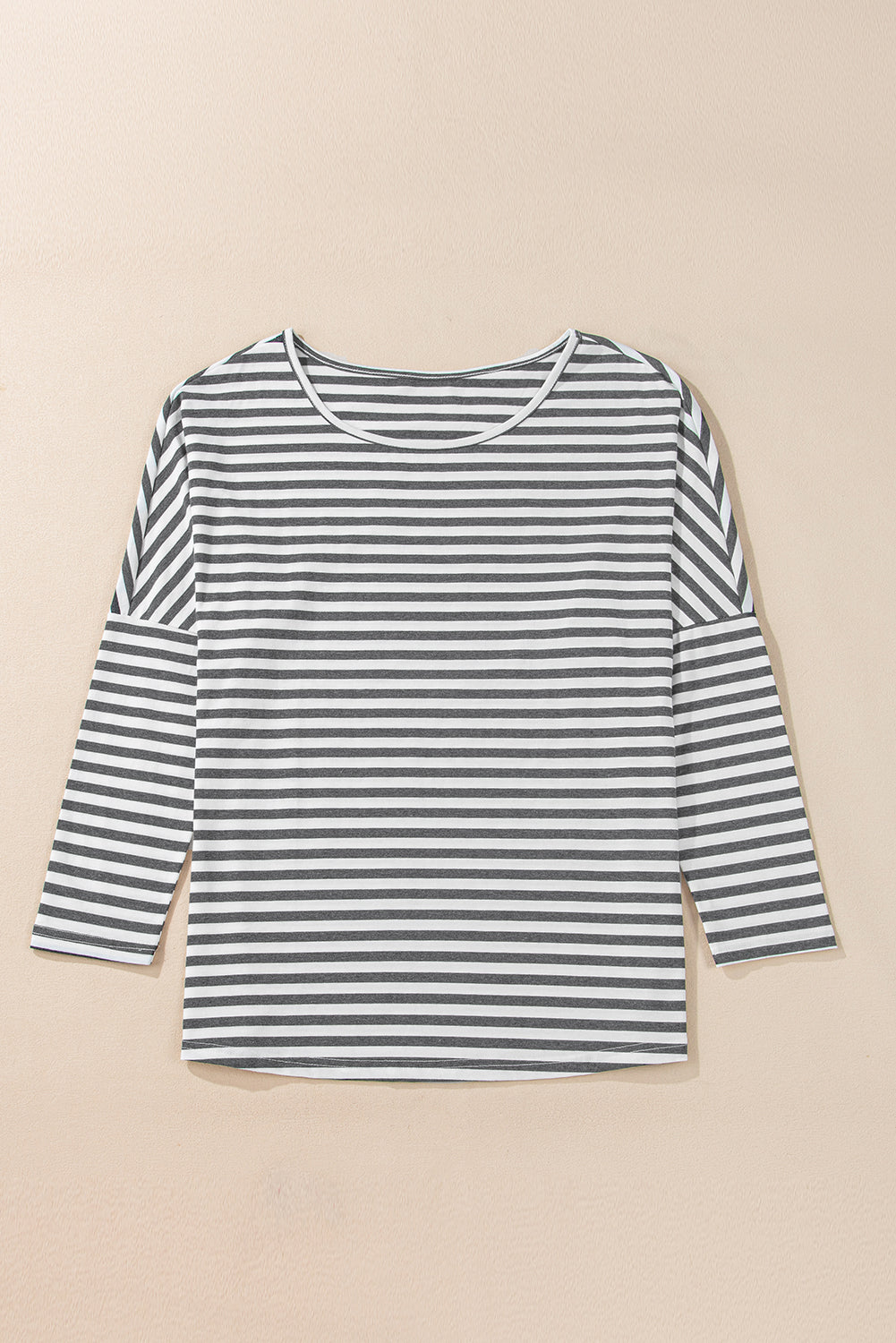 Gray Stripe Drop Sleeve Round Neck Oversized Long Sleeve Top Long Sleeve Tops JT's Designer Fashion