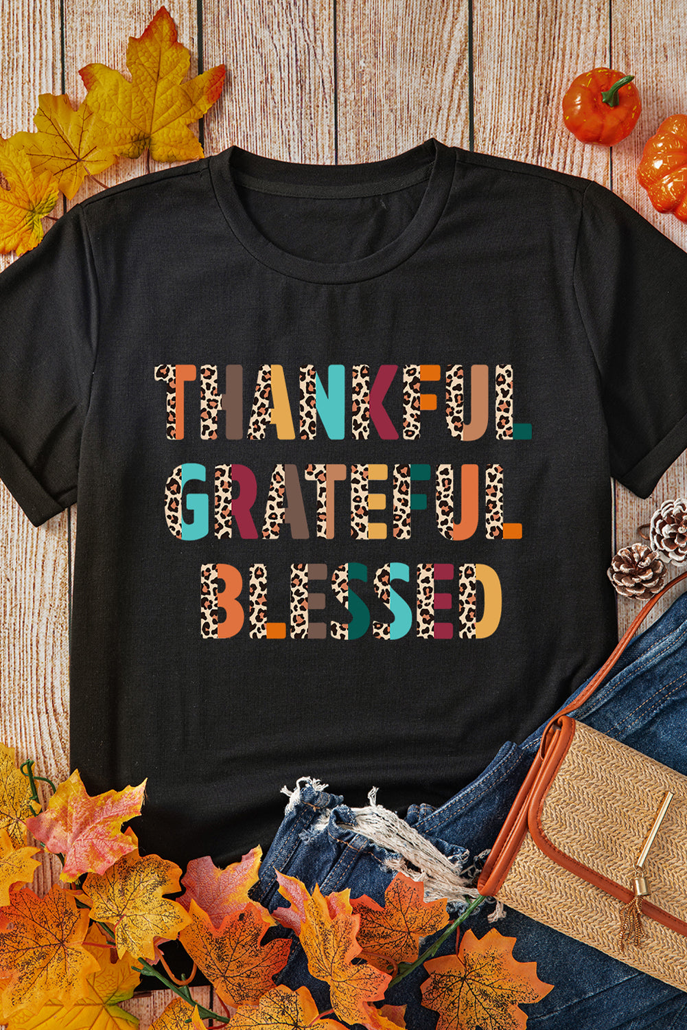 Black Thankful Grateful Blessed Leopard Print Crewneck T Shirt Graphic Tees JT's Designer Fashion