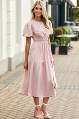 Pink Puff Sleeve Pleated High Waist Flowy Long Dress Maxi Dresses JT's Designer Fashion