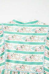 Multicolour Striped Floral Print Tie Split Neck Puff Sleeve Midi Dress Floral Dresses JT's Designer Fashion