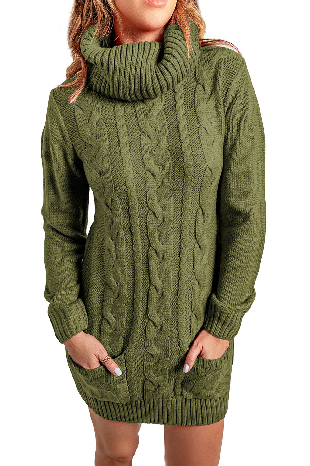 Olive Cowl Neck Cable Knit Sweater Dress Sweater Dresses JT's Designer Fashion
