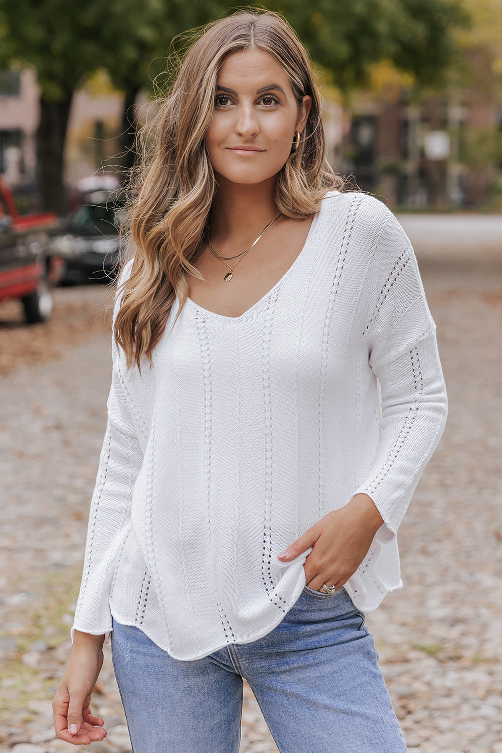 White Hollowed Detail Knitted Loose V Neck Sweater Sweaters & Cardigans JT's Designer Fashion