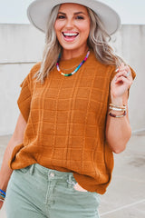 Chestnut Grid Textured Short Sleeve Sweater Sweaters & Cardigans JT's Designer Fashion