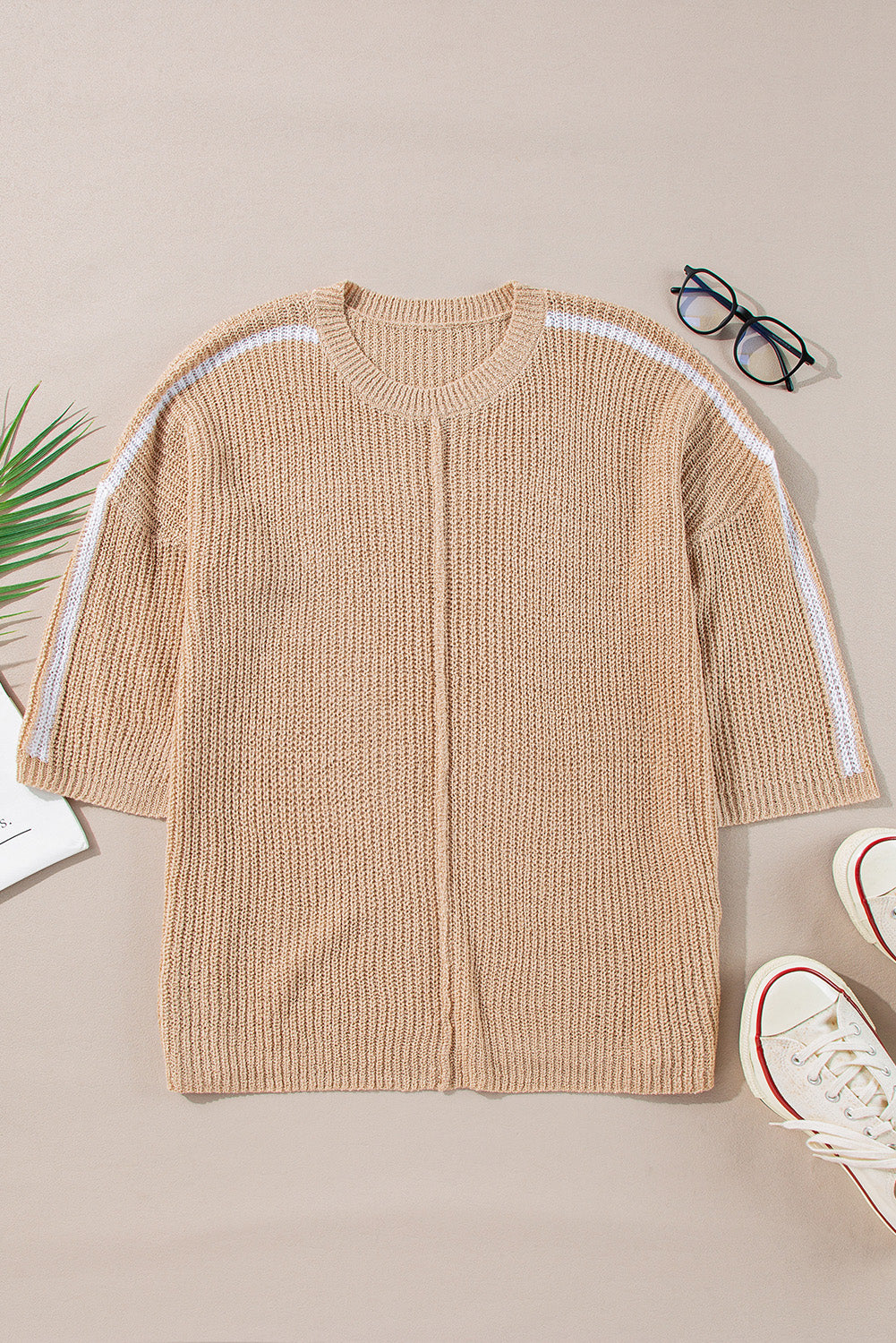 Light French Beige Contrast Striped 3/4 Sleeve Crew Neck Sweater Sweaters JT's Designer Fashion