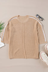 Light French Beige Contrast Striped 3/4 Sleeve Crew Neck Sweater Sweaters JT's Designer Fashion