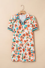 Orange Contrast Trim Floral Split Neck Puff Short Sleeve Tiered Mini Dress Floral Dresses JT's Designer Fashion