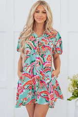 Green Abstract Print Lace-up High Waist Buttoned Mini Dress Mini Dresses JT's Designer Fashion