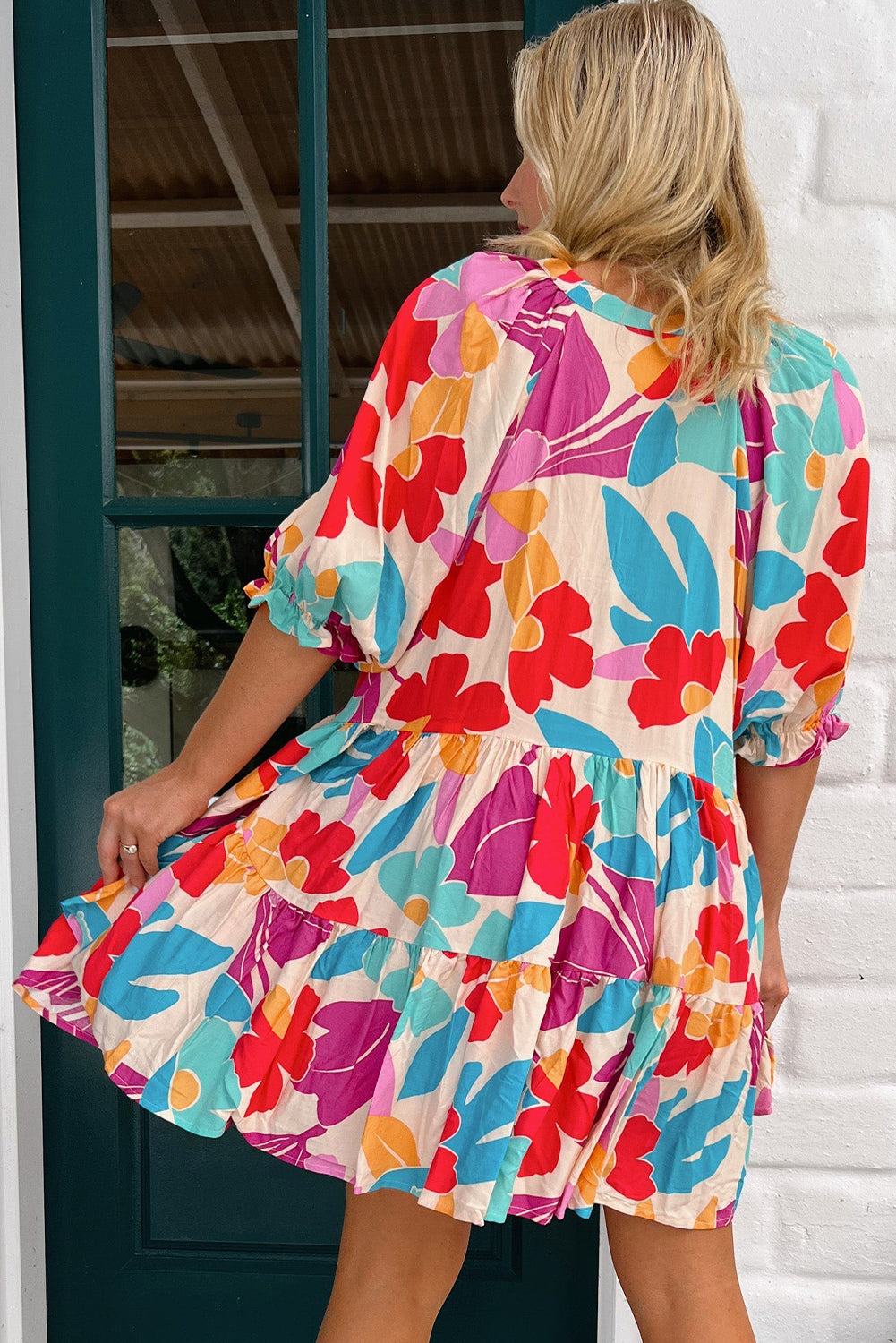 Rose Red Floral Bubble Sleeve V Neck Tiered Ruffle Babydoll Dress Floral Dresses JT's Designer Fashion